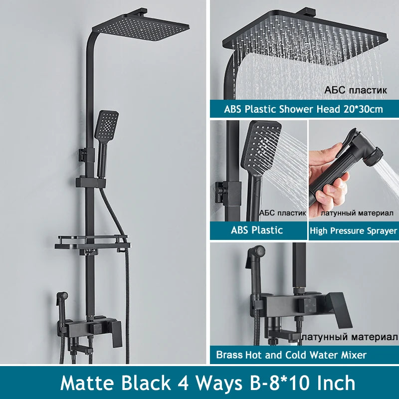 Shinesia Système Douche Pluie Mural – Noir & Chrome, 3 ou 4 Voies, Mitigeur Eau Chaude & Froide | Salle de Bain