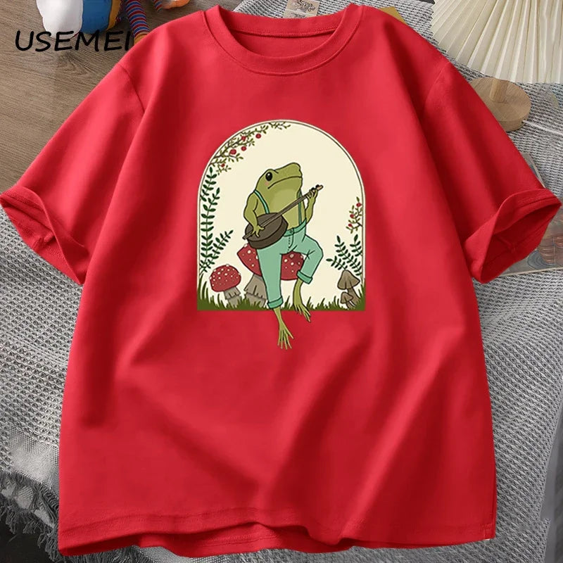 T-Shirt Homme Cottagecore Grenouille Banjo Champignon Aesthetic Coton Manches Courtes – Kawaii Nature Streetwear | Mode Homme Tendance