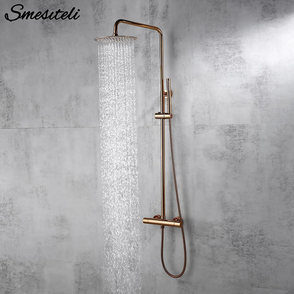 Ensemble Douche Thermostatique Mural Rose Gold – Laiton, Pommeau Pluie & Mitigeur | Système Douche Luxe Salle de Bain