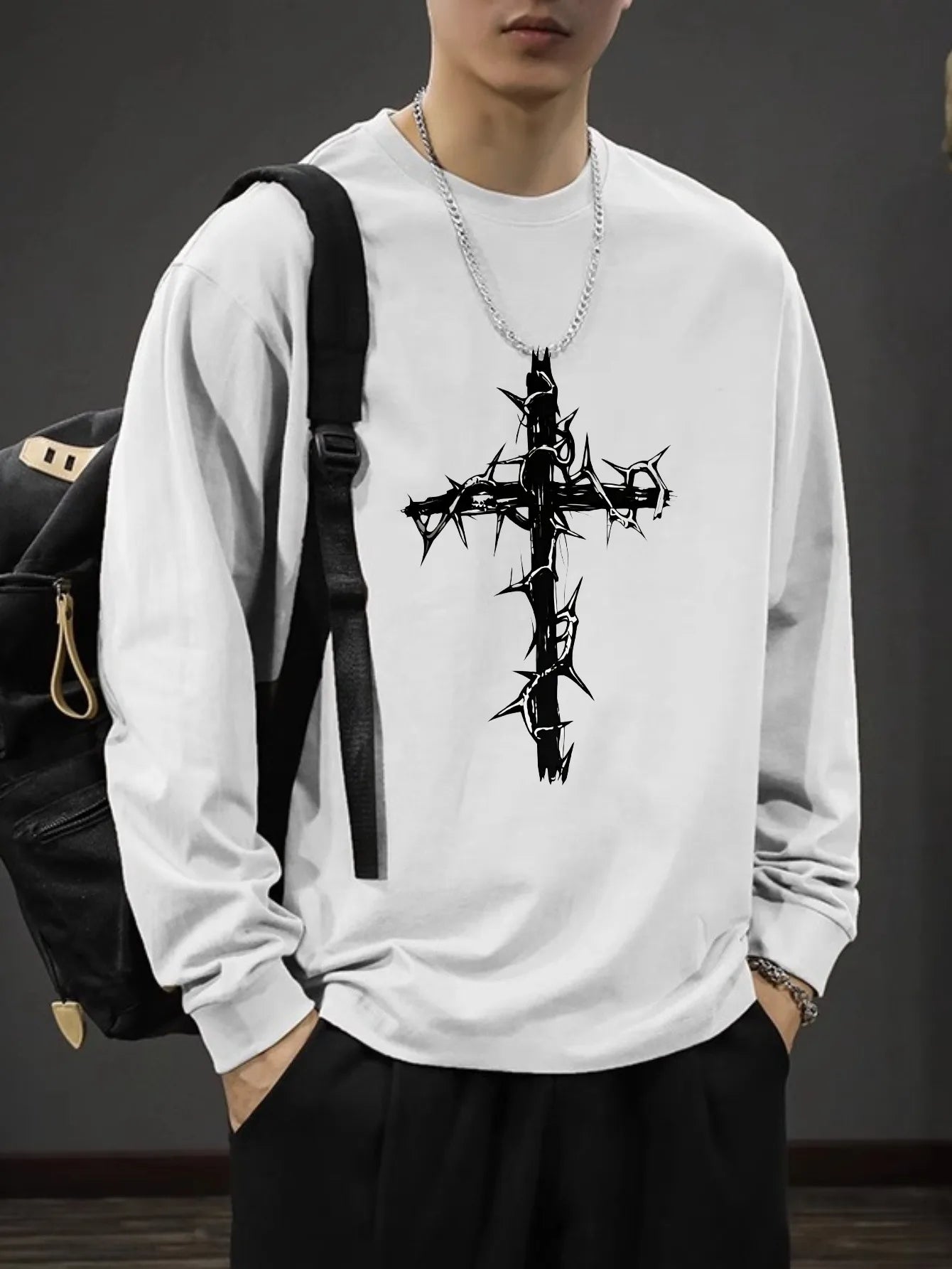 T-Shirt Homme Oversize Manches Longues Croix d'Épines Dark Hip-Hop Y2K Gothic Streetwear Été Tendance – Tee Graphique Dark Aesthetic Unisexe | Mode Streetwear Premium