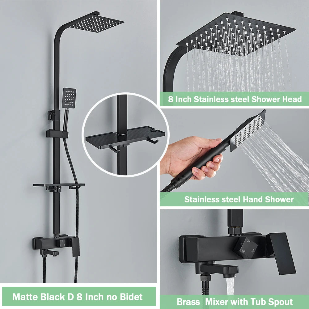 Rozin Ensemble Douche Pluie Mural Noir – Avec Bidet, Étagère & Bec Baignoire | Système Complet Laiton