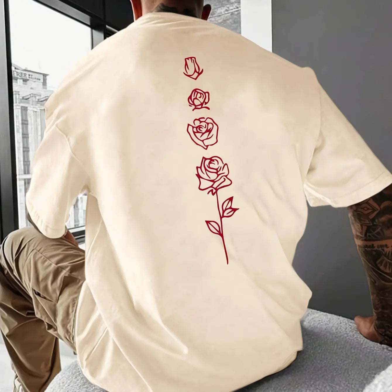 T-Shirt Homme Été Loose Fit 100% Coton Imprimé Roses – Casual Tendance Floral Confortable | Mode Homme Streetwear