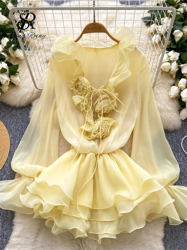 Robe Courte Femme Fleurs 3D Manches Longues Laçage Volants Mousseline – Vintage Bohème Sexy | Plage Été