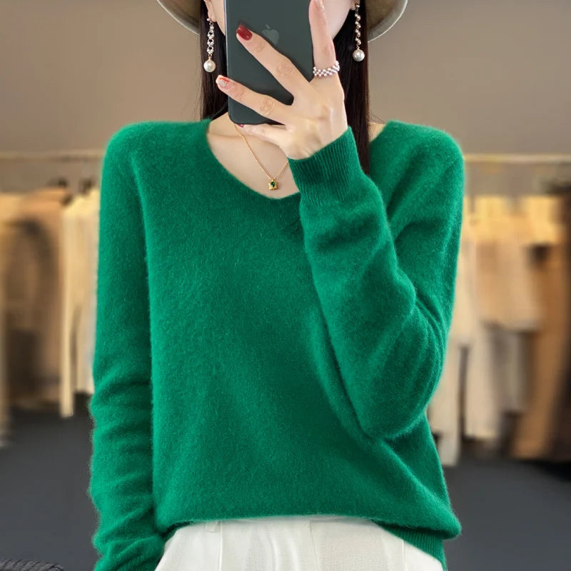 Pull Cachemire 100% Laine Col V Femme - Tricot Casual Korean Fashion Automne Hiver