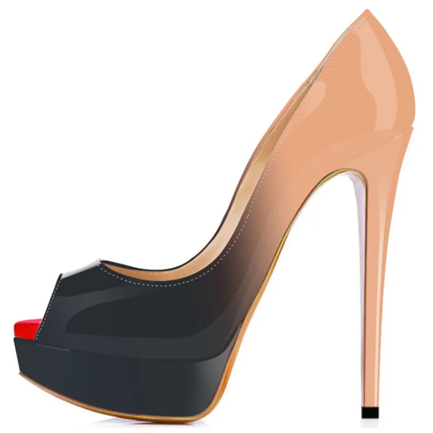 LOSLANDIFEN Escarpins 14CM Plateforme Peep Toe Gradient – Cuir Verni Rouge Mariage Fête