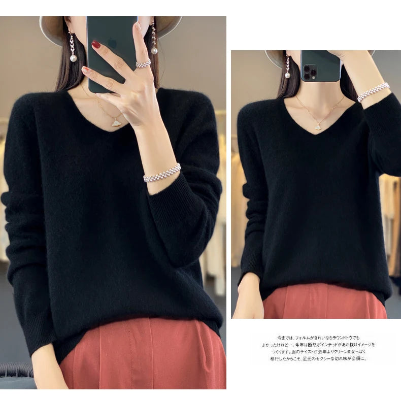 Kaschmirpullover 100% Wolle V-Ausschnitt Damen - Strick Casual Korean Fashion Herbst Winter