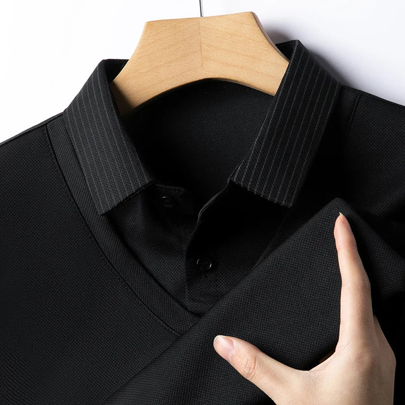 Polo Homme Manches Longues Faux Deux Pièces Couleur Unie – Business Casual Élégant Toutes Saisons Polyvalent | Mode Homme Premium