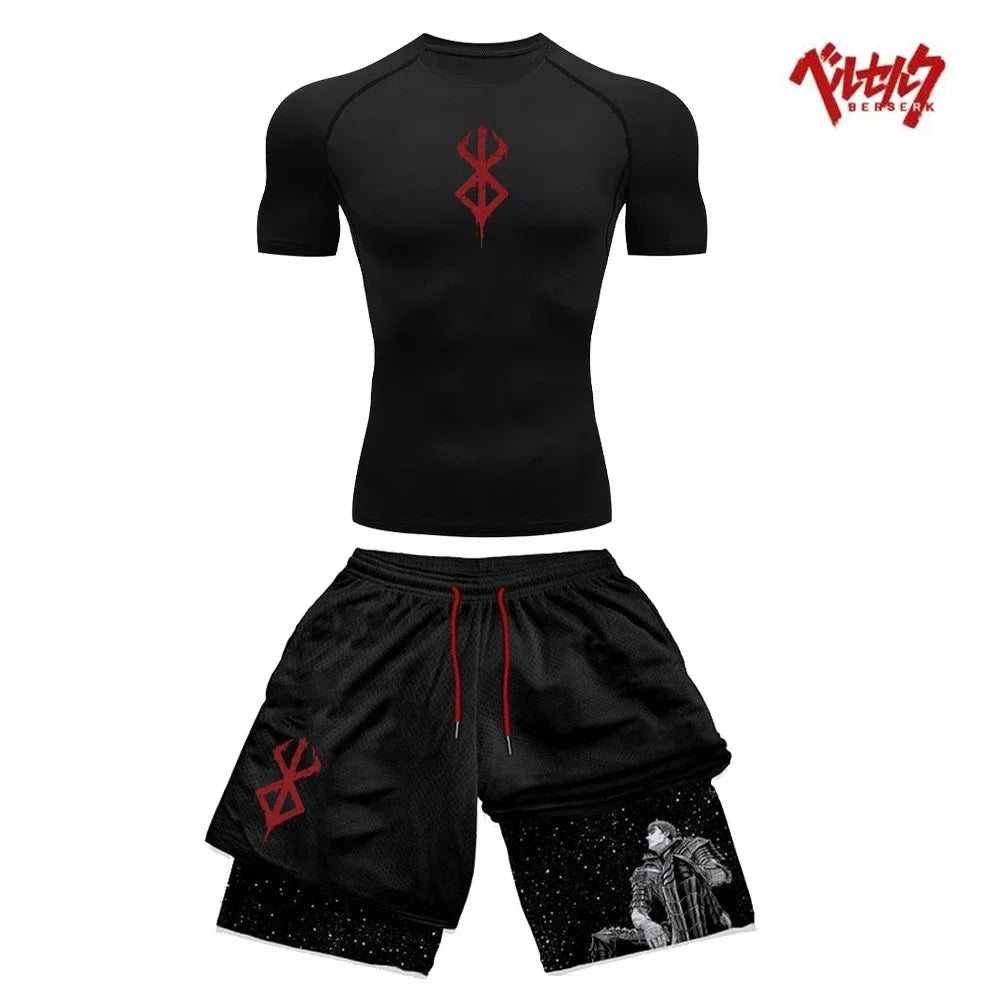 Ensemble Compression Homme Anime Berserk – T-Shirt + Short Gym Séchage Rapide | Running, Fitness & Workout Été | Sportswear Manga