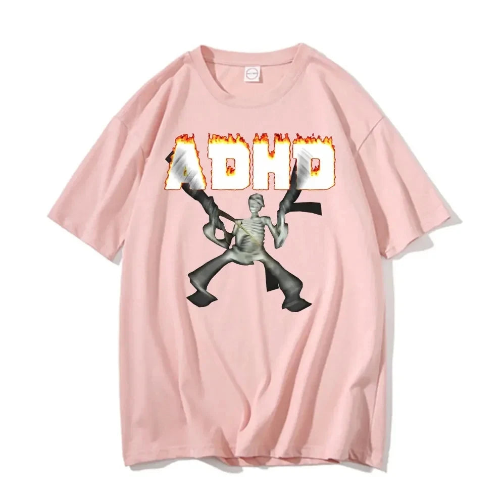T-Shirt Squelette ADHD Meme Unisexe – Vintage Humour Horror Skull Oversize Hip Hop Été Homme & Femme | Streetwear Funny