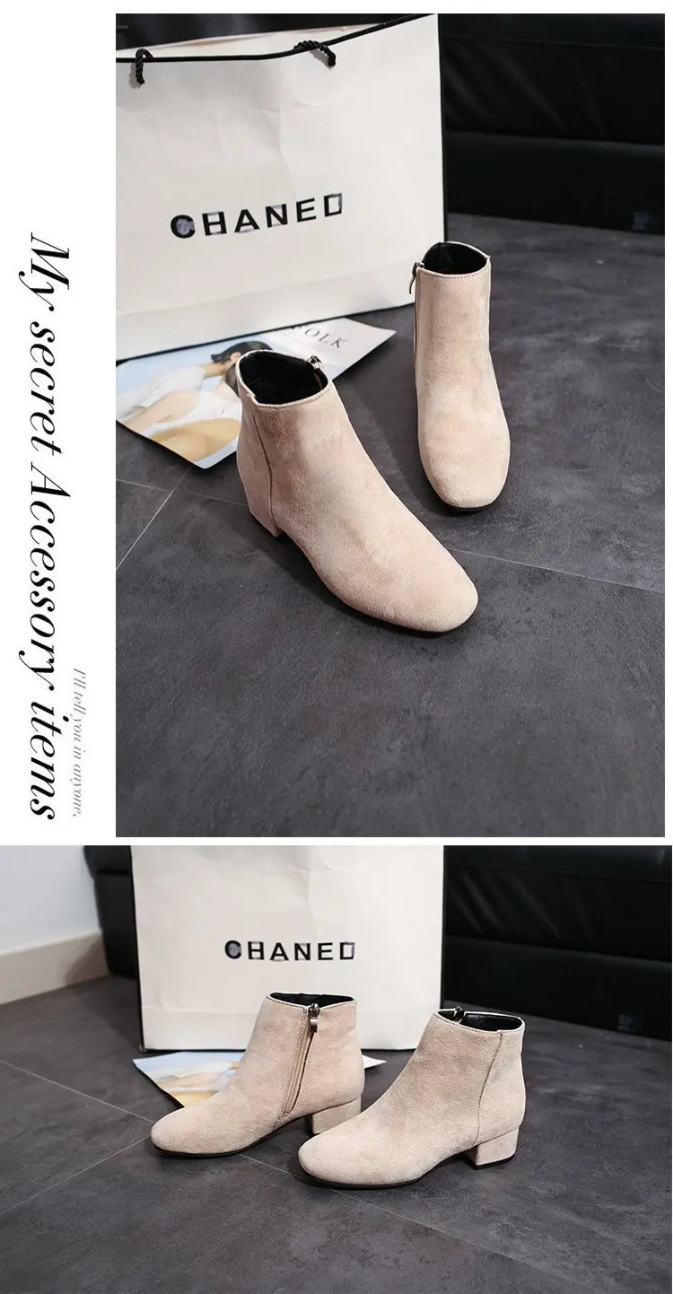 Bottines Suède Chunky Heel Snow Goth Femme – Mi-Talon Tendance Walking Élégant Automne