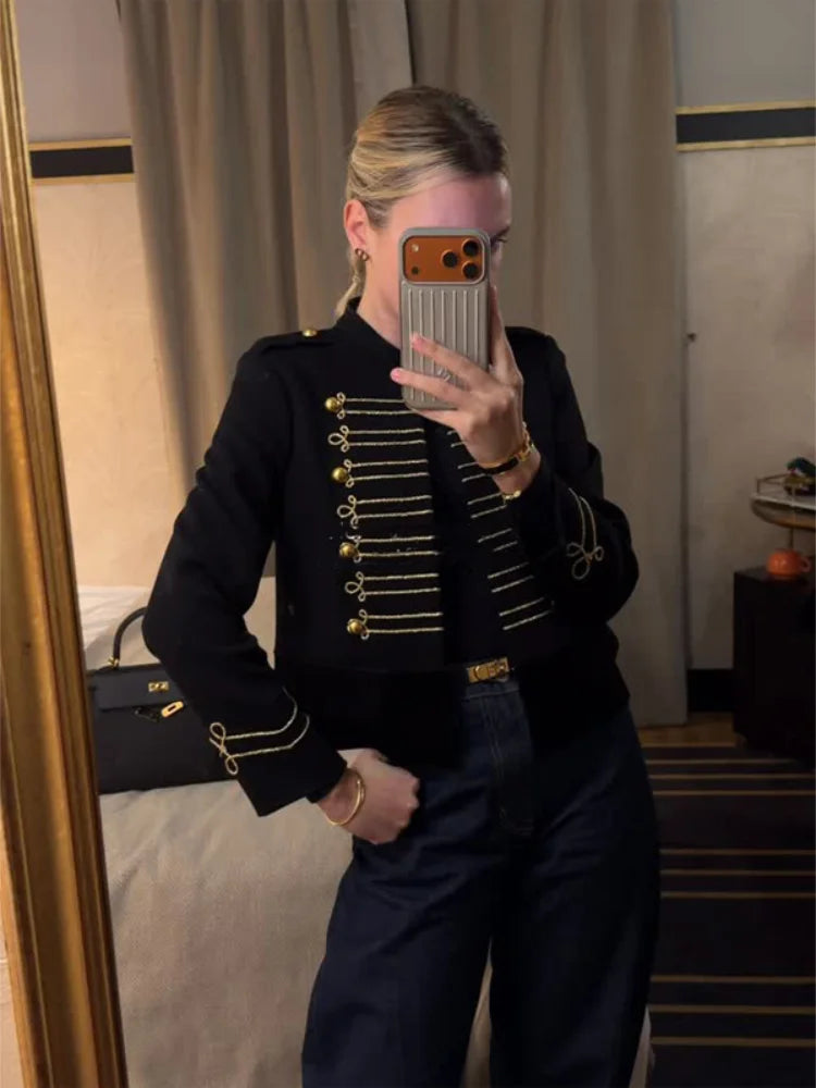 Veste Courte Femme Style Militaire Napoléon Vert Kaki Col Droit Boutonnage Simple – Chic Rétro High Street