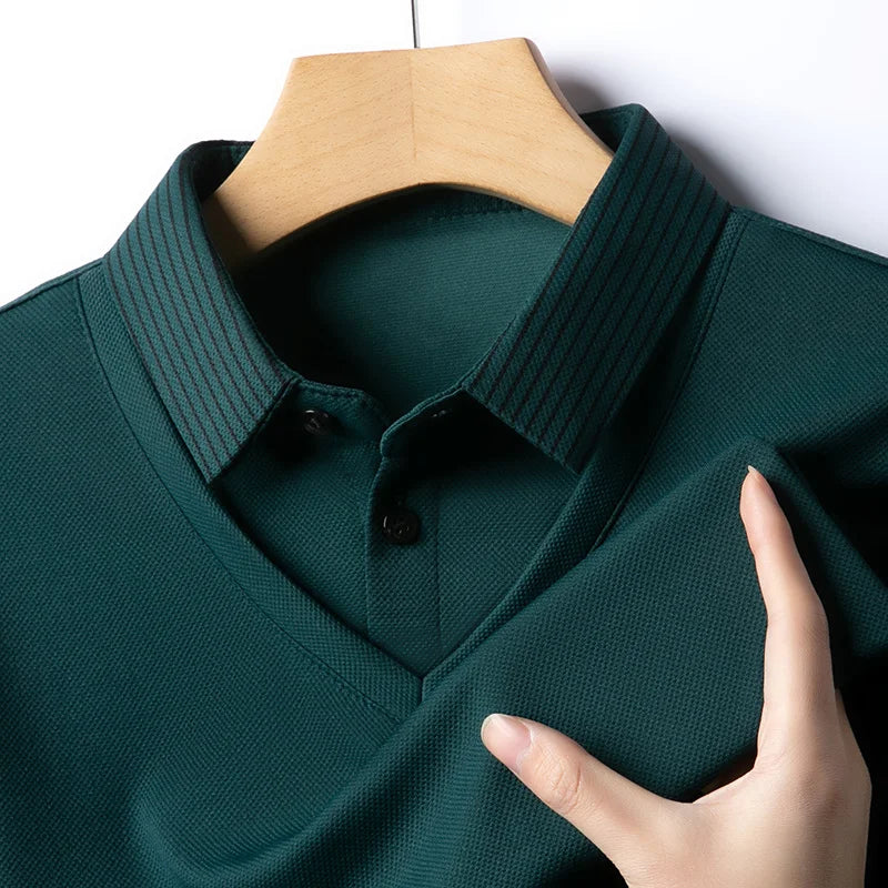 Polo Homme Manches Longues Faux Deux Pièces Couleur Unie – Business Casual Élégant Toutes Saisons Polyvalent | Mode Homme Premium