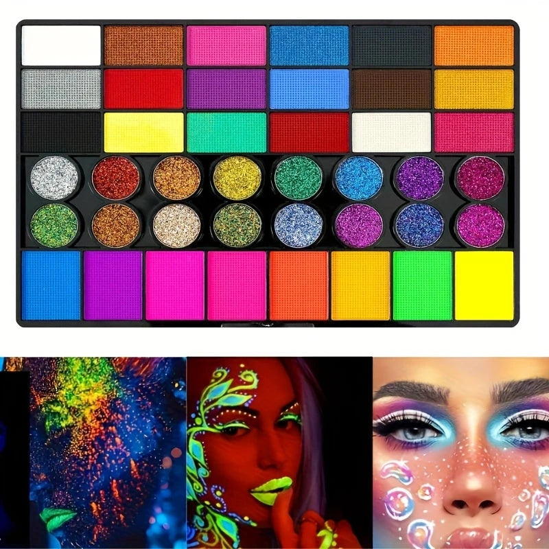 Kit Maquillage Artistique 42 Couleurs – Peinture Visage & Corps UV Néon Fluorescent | Festival Halloween Glitter