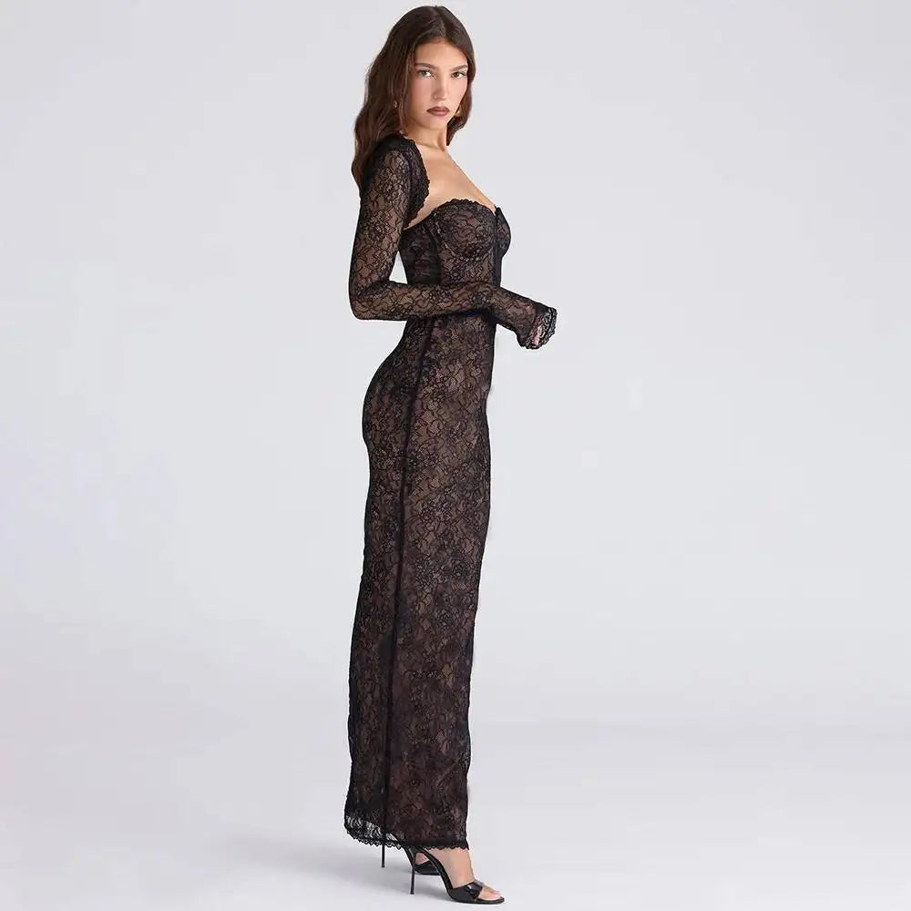 Damen Langes Maxikleid Spitze Eng Anliegend Sexy Bodycon Schal Futter – Elegante Abendgesellschaft | Townlike