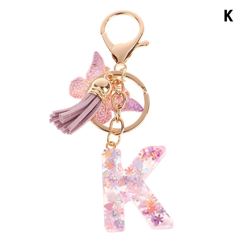Porte-Clés Lettre Initiale Sequins Femme – Pendentif Papillon Pompon Sac Voiture Bijou