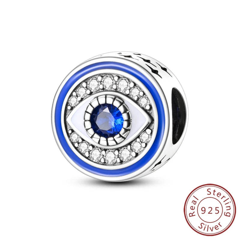 Charm Argent 925 Bleu Rotatif – Œil Démon, Main, Lune & Ciel Étoilé | Perle Pendentif Bracelet Femme | Bijou Spirituel & Mystique