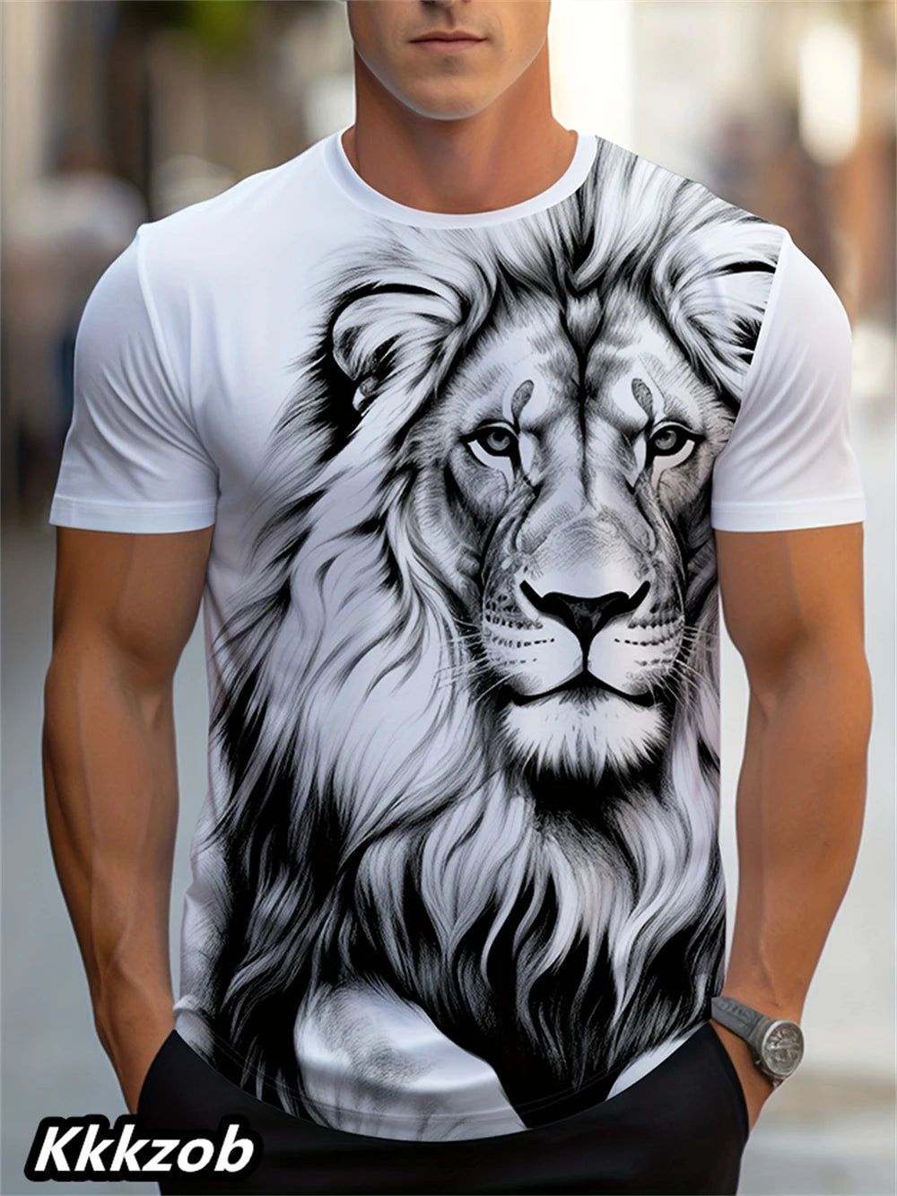 T-Shirt Homme Imprimé Lion Col Rond Manches Courtes Doux Respirant – Casual Outdoor Activités Été Essentiel | Mode Homme Nature