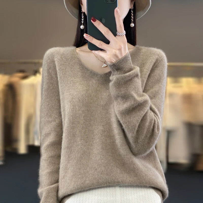 Pull Cachemire 100% Laine Col V Femme - Tricot Casual Korean Fashion Automne Hiver