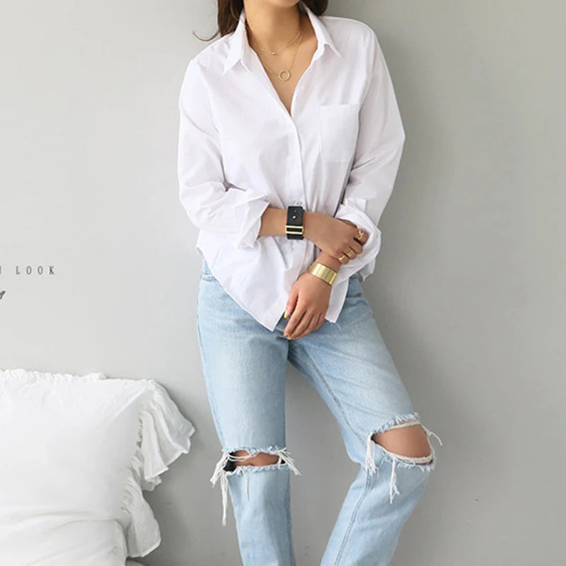 Chemisier Blanc Coton Femme – Manches Longues Style Bureau Casual | Élégant & Polyvalent