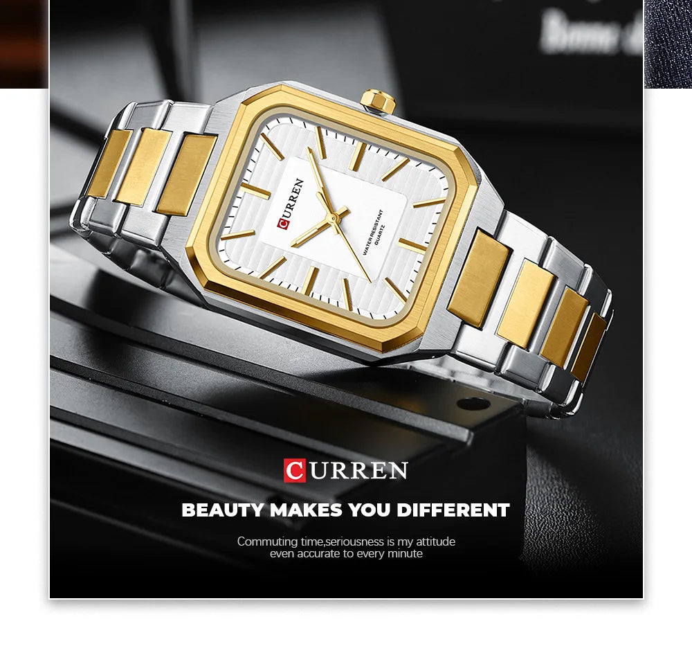 Montre Homme CURREN Vintage Rectangle Acier Inoxydable Quartz Lumineux Étanche – Style Rétro Chic