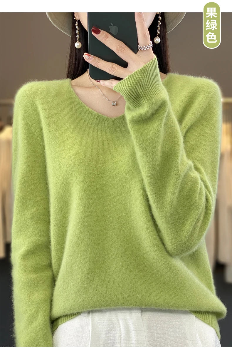Kaschmirpullover 100% Wolle V-Ausschnitt Damen - Strick Casual Korean Fashion Herbst Winter