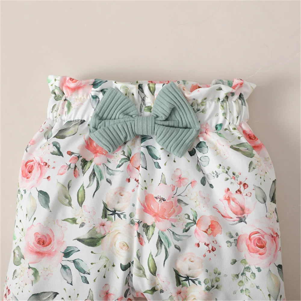 Tenue 3 Pièces Bébé Fille Fleurie – Body Manches Longues + Pantalon Fleurs + Bandeau 0-18 Mois