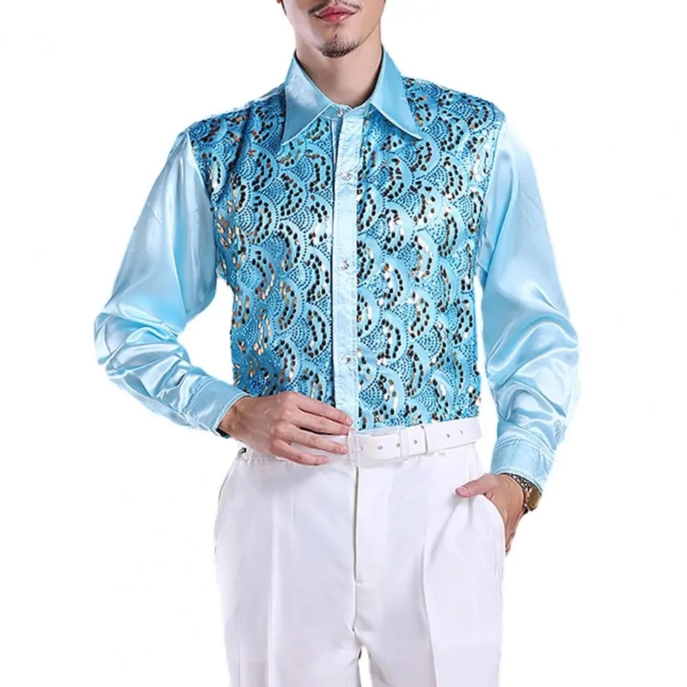 Chemise Homme Luxe Paillettes Scène Mariage Manches Longues Boutonnage Simple – Tenue Formelle Casual Élégante Brillante | Mode Homme Premium