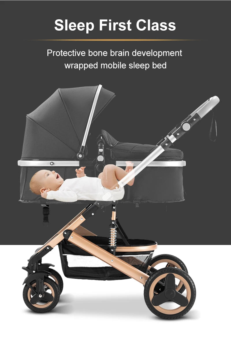 Poussette Bébé 3 en 1 Luxe Pliable Noire – Cadre Aluminium, Haute Vue, Nacelle & Siège | Voyage Nouveau-Né & Nourrisson
