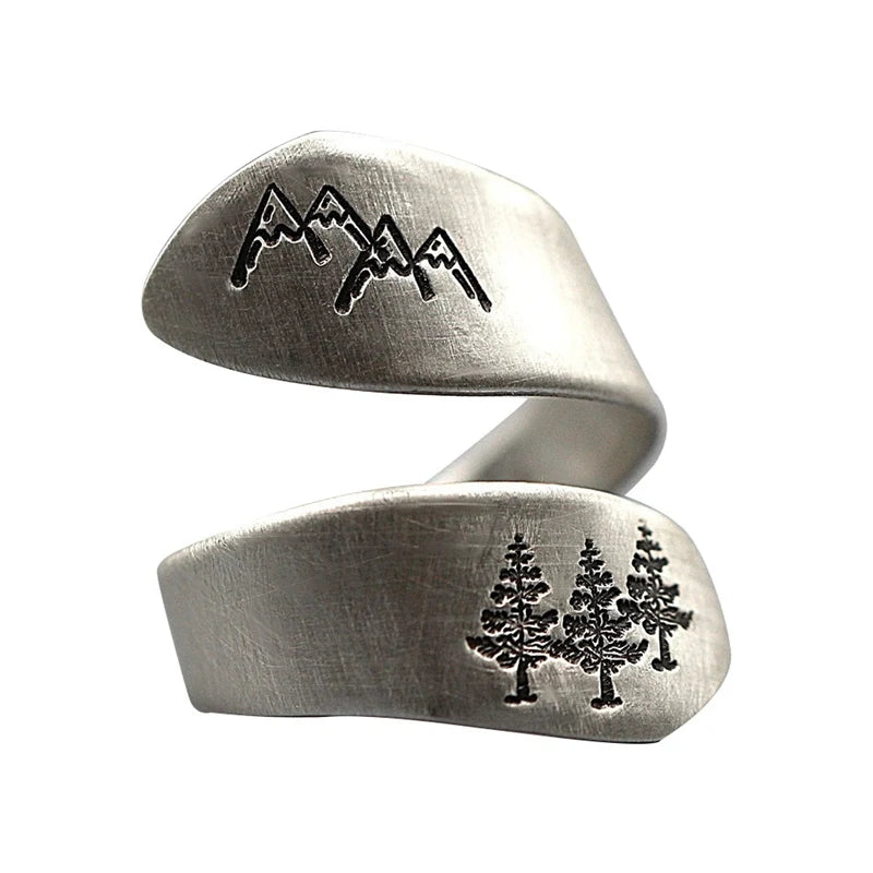 Bague Femme Forêt Montagne Ouverte – Anneau Brossé Nature Mariage Fête Bijou Créatif