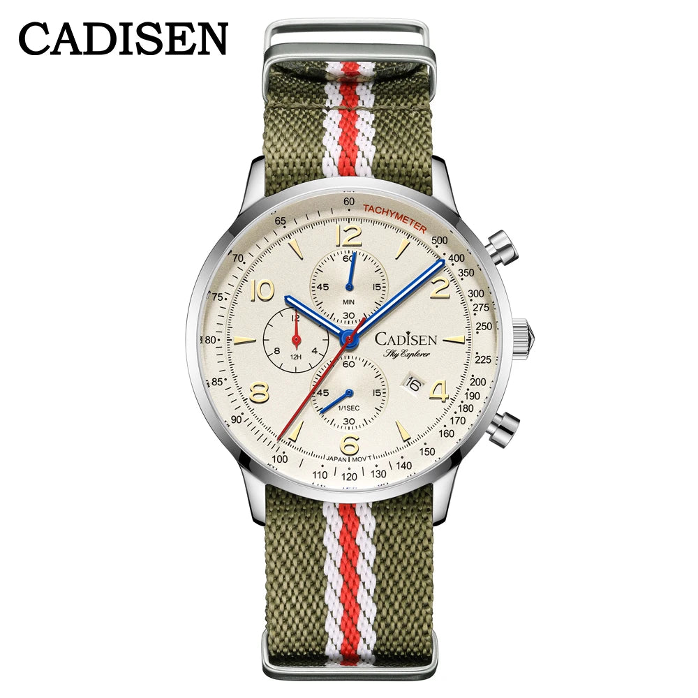 Montre Homme Luxe CADISEN Chronographe Quartz Japonais MIYOTA Bracelet Toile – Étanche Fashion