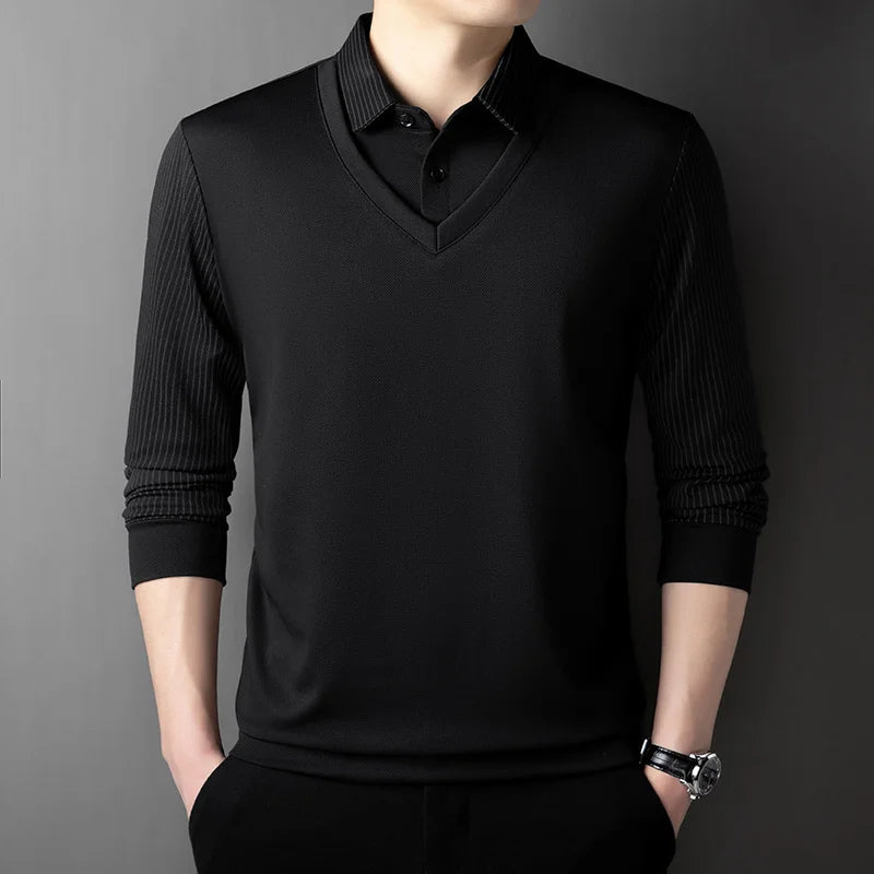 Polo Homme Manches Longues Faux Deux Pièces Couleur Unie – Business Casual Élégant Toutes Saisons Polyvalent | Mode Homme Premium