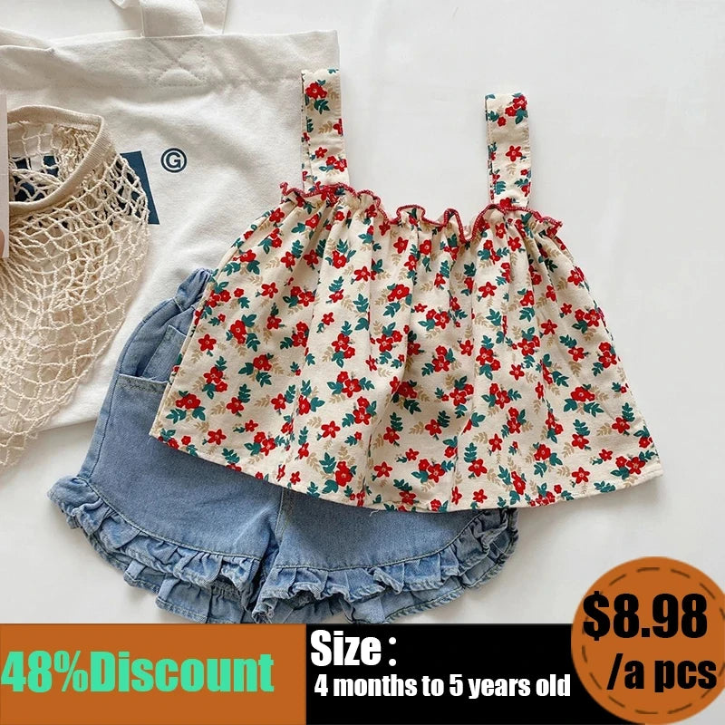 Ensemble Fille Été Bretelles + Short – Tenue Casual Enfant Jupe Fleurie 2 Pièces