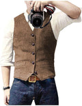 Gilet Costume Homme Laine Tweed Chevron Col V – Formel Business Mariage Garçon d'Honneur | Vert Noir Marron Café