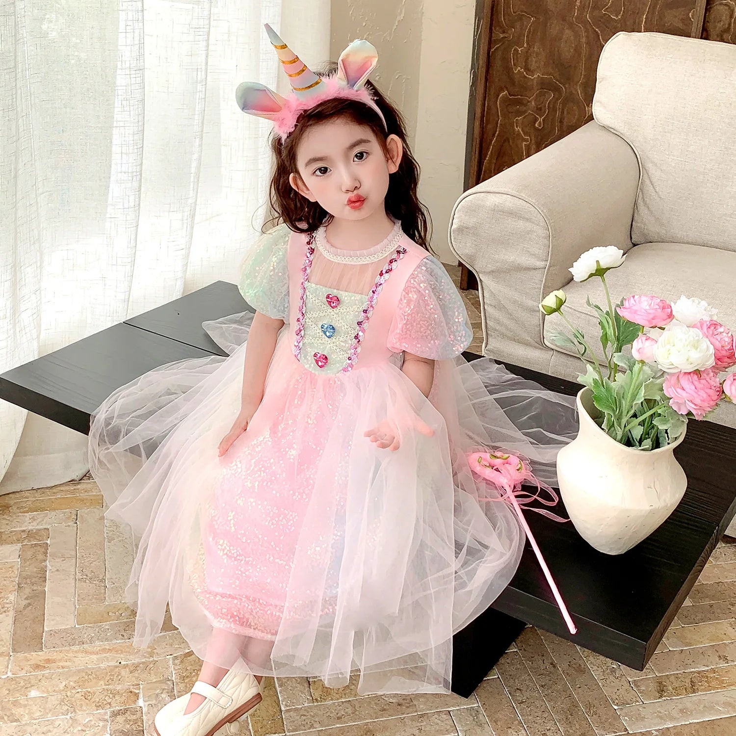 Meerjungfrau Prinzessin Kleid Mädchen Pailletten Perlen Puffärmel – Faschingskostüm Halloween Cosplay