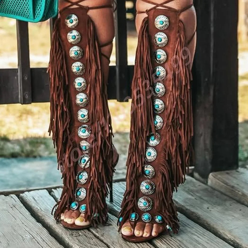 Bottes Gland Gemmes Catwalk Stiletto Femme – Luxe Romain Bout Ouvert Scène Mode