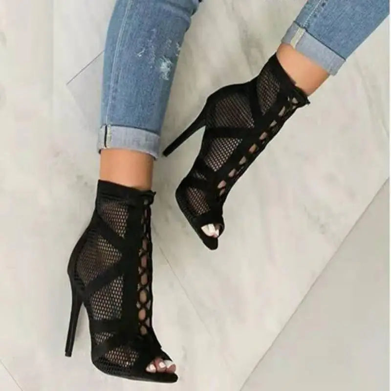 Sandales Mesh Cross Strap Peep Toe Talon Haut – Sexy Noir Dentelle Lacets Pumps Casual