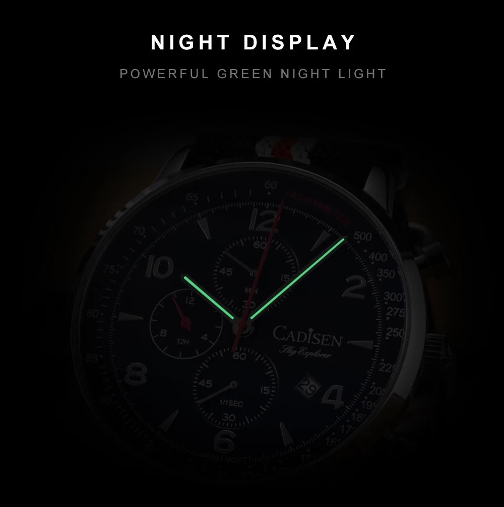 Montre Homme Luxe CADISEN Chronographe Quartz Japonais MIYOTA Bracelet Toile – Étanche Fashion