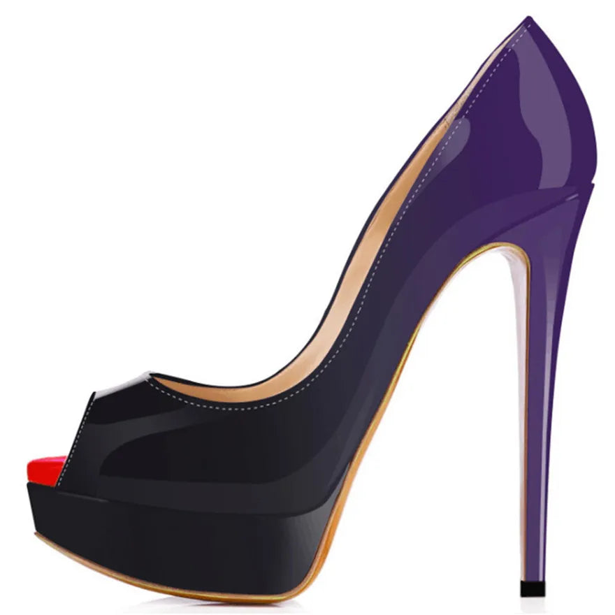 LOSLANDIFEN Escarpins 14CM Plateforme Peep Toe Gradient – Cuir Verni Rouge Mariage Fête