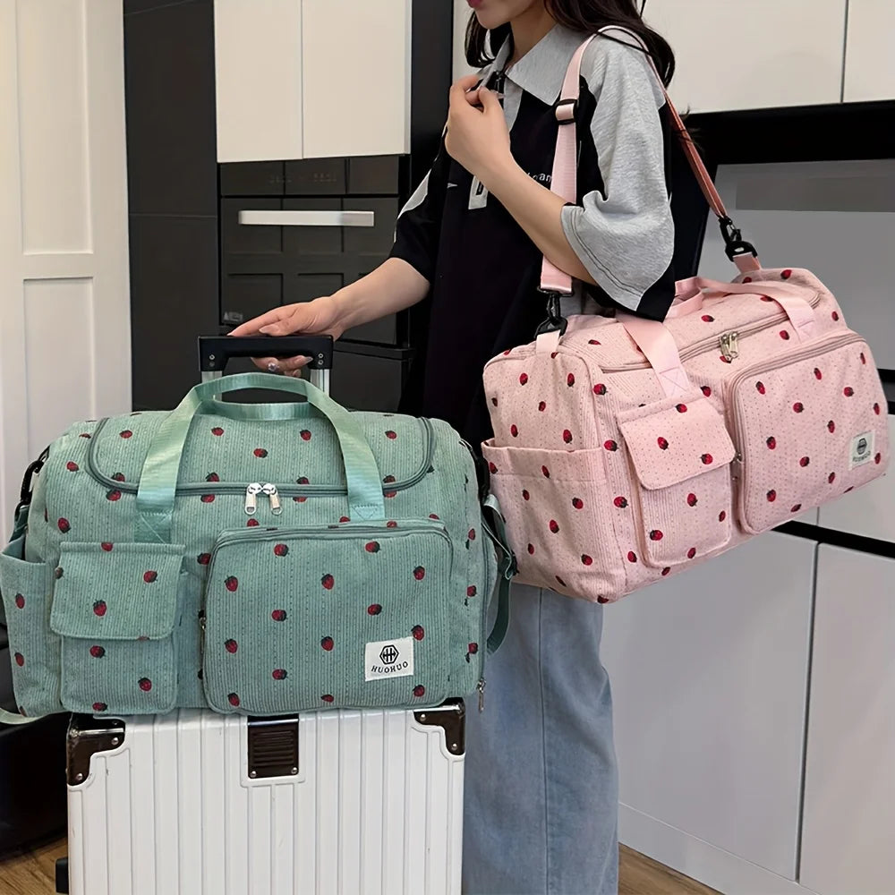 Sac de Voyage Fraise Velours Côtelé – Grande Capacité Bandoulière Léger Sport Fitness Bagage