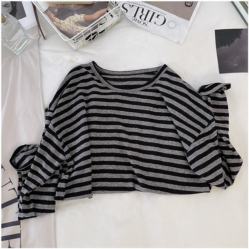T-Shirt Rayé Manches Longues Style Coréen Femme – Col Rond Loose | Casual Chic Printemps Automne
