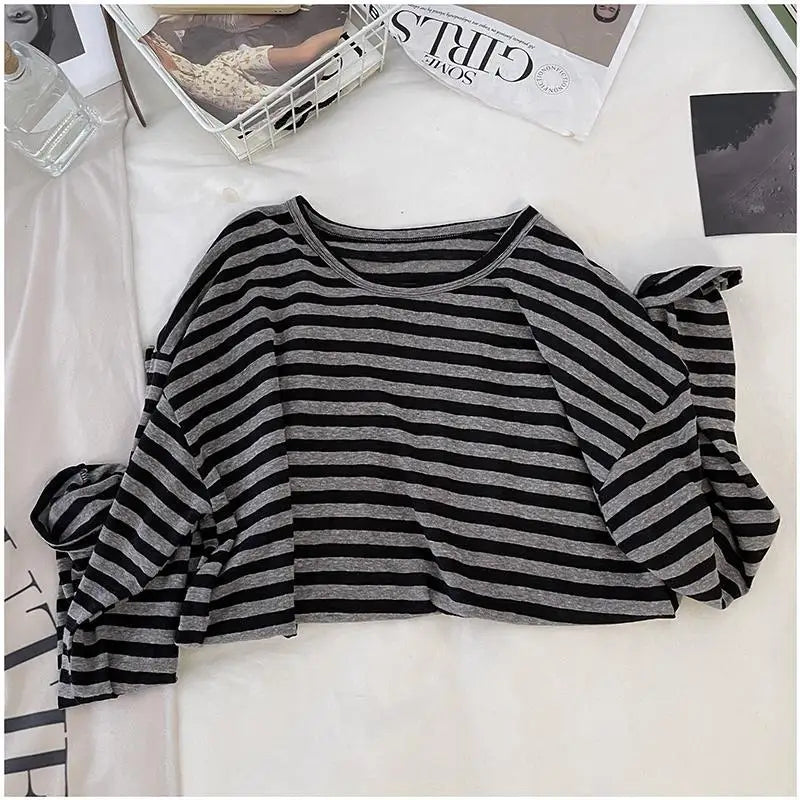 T-Shirt Rayé Manches Longues Style Coréen Femme – Col Rond Loose | Casual Chic Printemps Automne