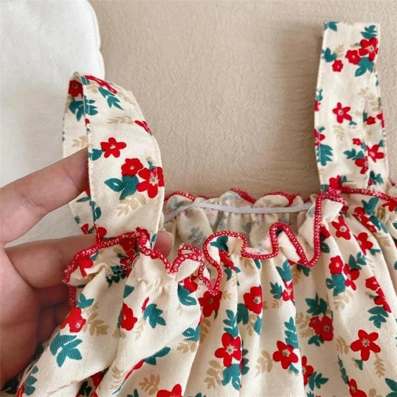 Ensemble Fille Été Bretelles + Short – Tenue Casual Enfant Jupe Fleurie 2 Pièces