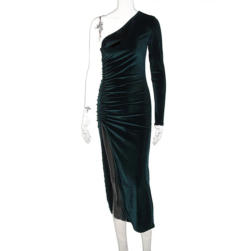 Elegantes Damen Samt Midi-Kleid Langarm Bodycon Schlitz Bleistift Abendkleid – Schickes Outfit Frühling Herbst | Glamour
