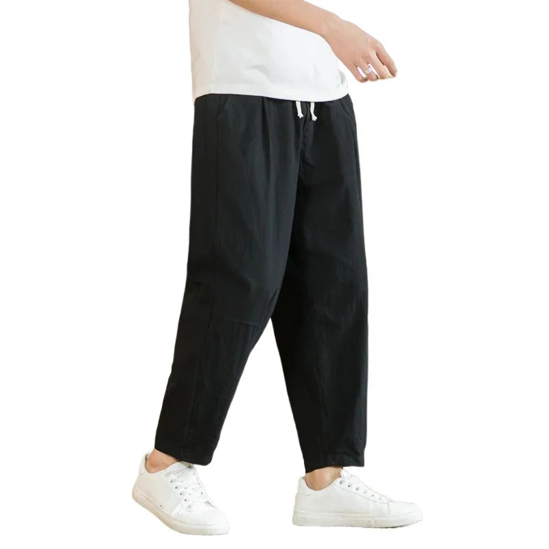 Pantalon Homme Lin Coton Casual Couleur Unie Respirant Loose Straight Baggy Léger – Cordon Streetwear Sport | Mode Homme Confort