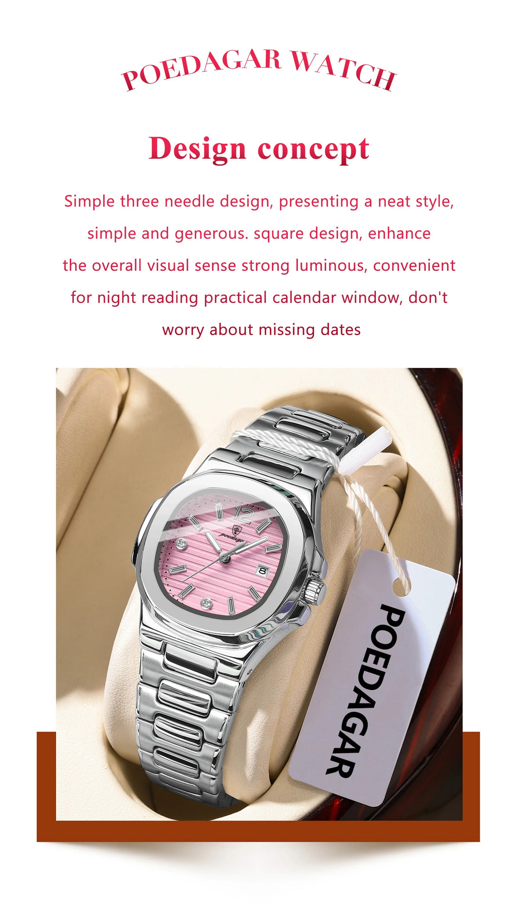 Montre Femme POEDAGAR Carrée Fashion Quartz – Lumineuse Étanche Date Luxe Haute Qualité