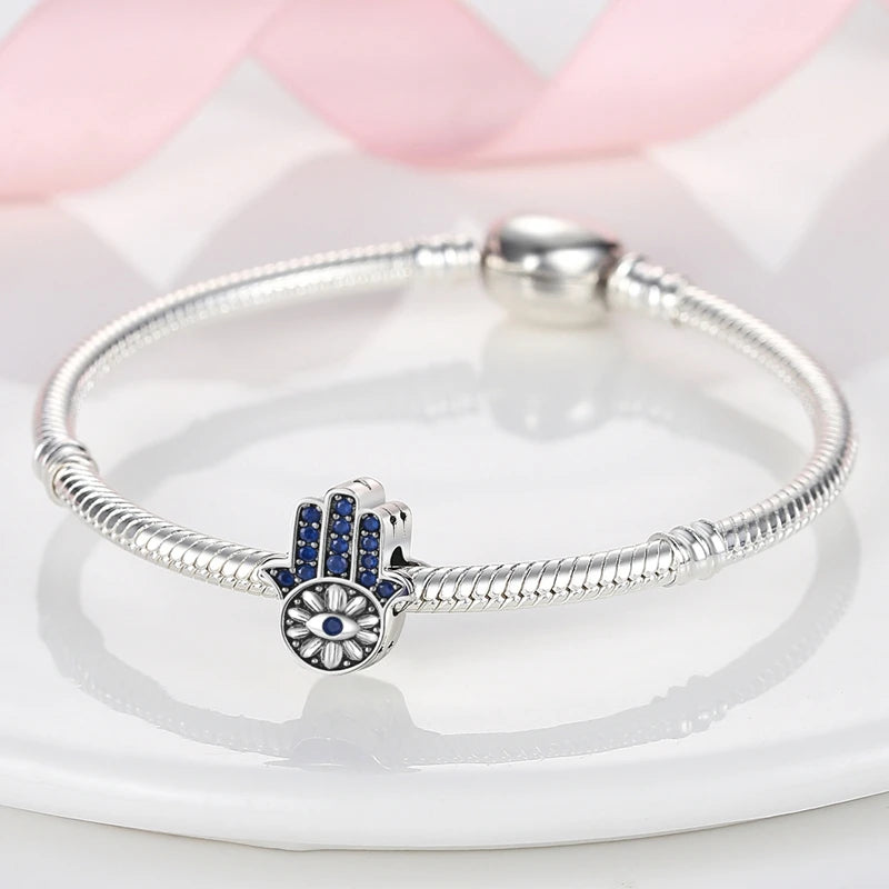 Charm Argent 925 Bleu Rotatif – Œil Démon, Main, Lune & Ciel Étoilé | Perle Pendentif Bracelet Femme | Bijou Spirituel & Mystique