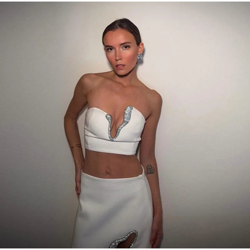 2-teiliges Strass-Set asymmetrisch – Bustier-Crop-Top & sexy Minirock | Abend & Gala 2026