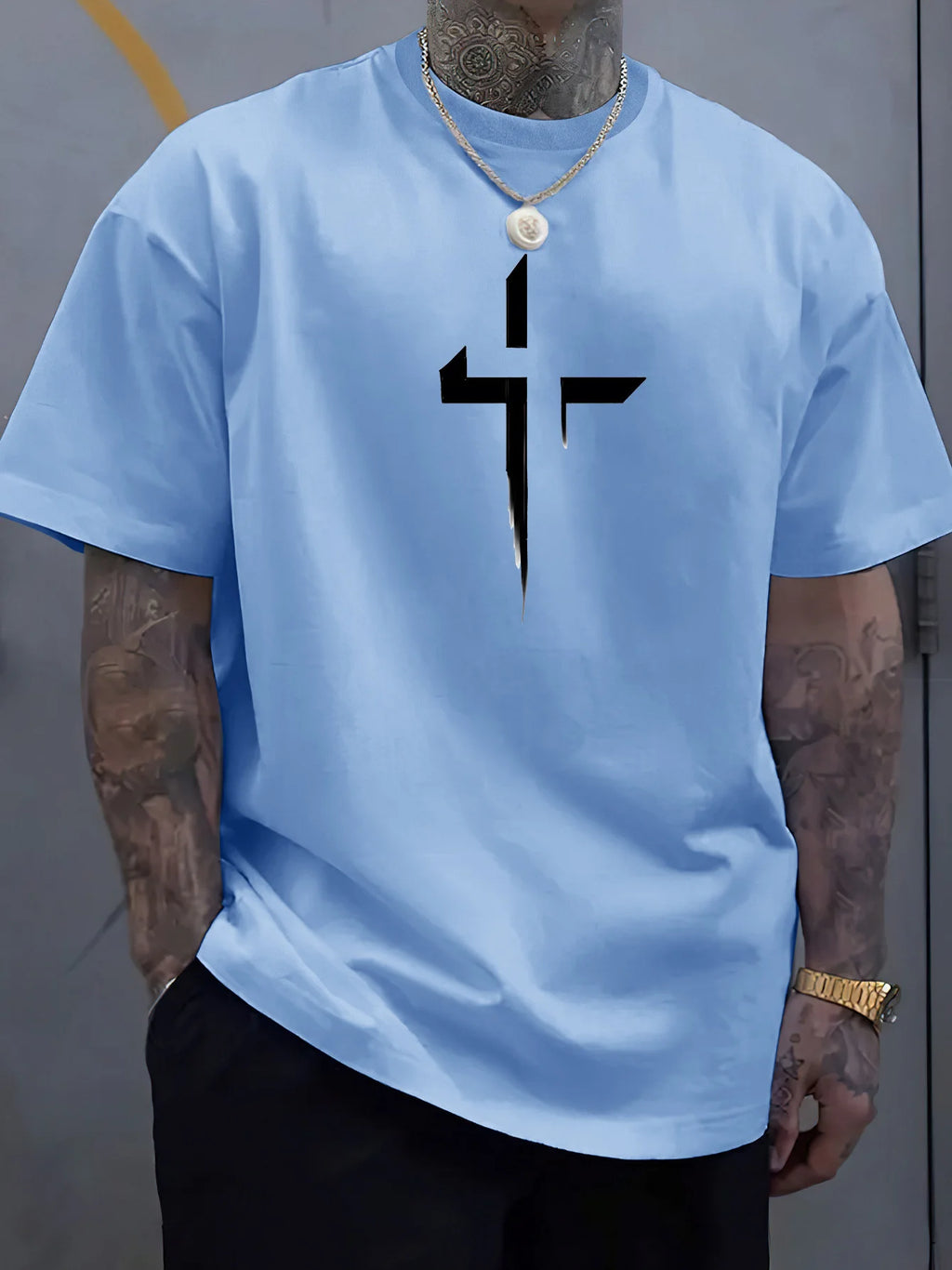 T-Shirt Homme 100% Coton Pur Imprimé Croix Créatif Loose Grande Taille Col Rond Manches Courtes Sport Casual Été Confortable | Mode Homme Tendance