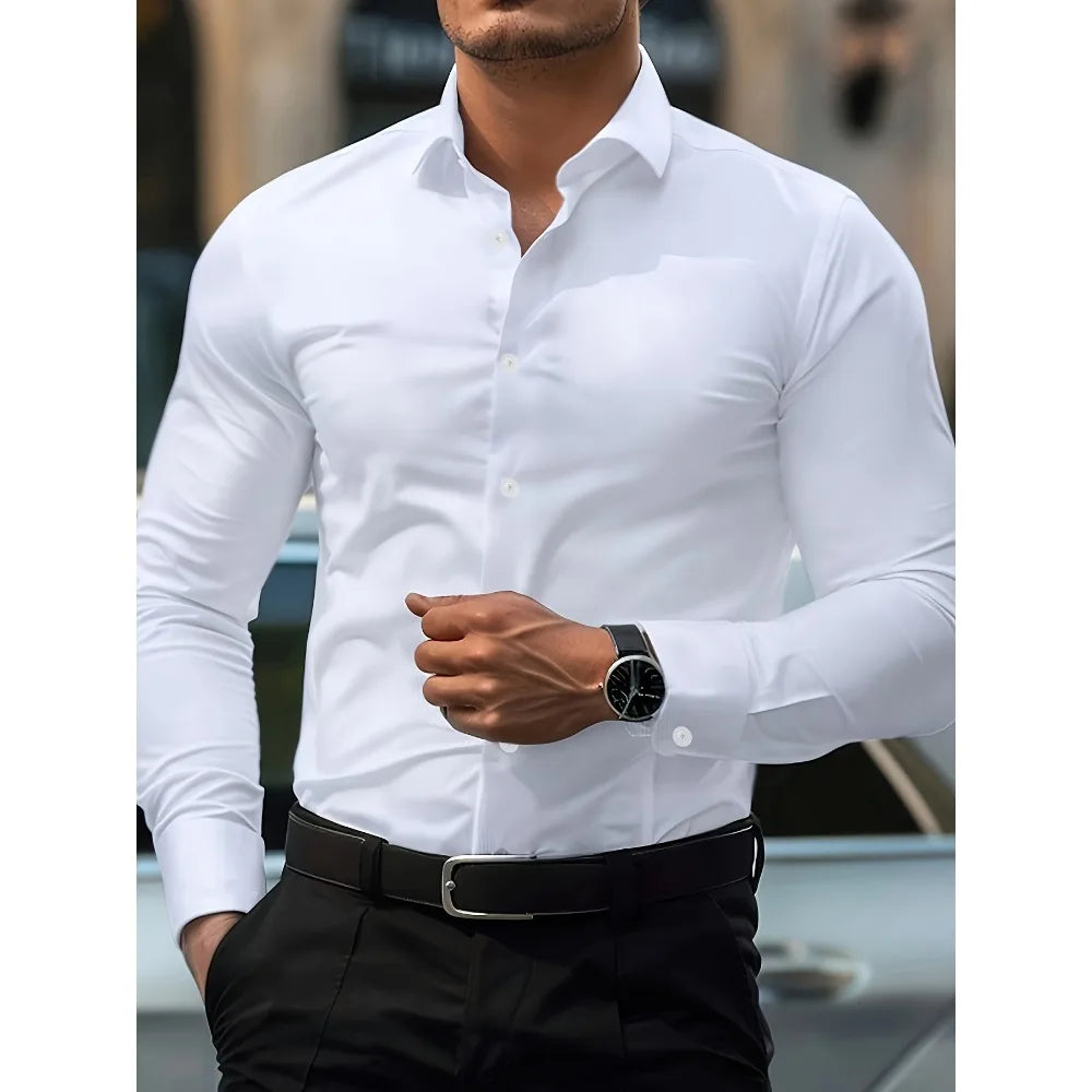 Chemise Homme Manches Longues Tissu Élastique Couleur Unie Multi-Couleurs Qualité Premium Basique Intemporelle Confortable Élégante Polyvalente – Chemise Premium Manches Longues Élastique Couleur Unie Multi-Couleurs | Mode Homme Chemise Premium