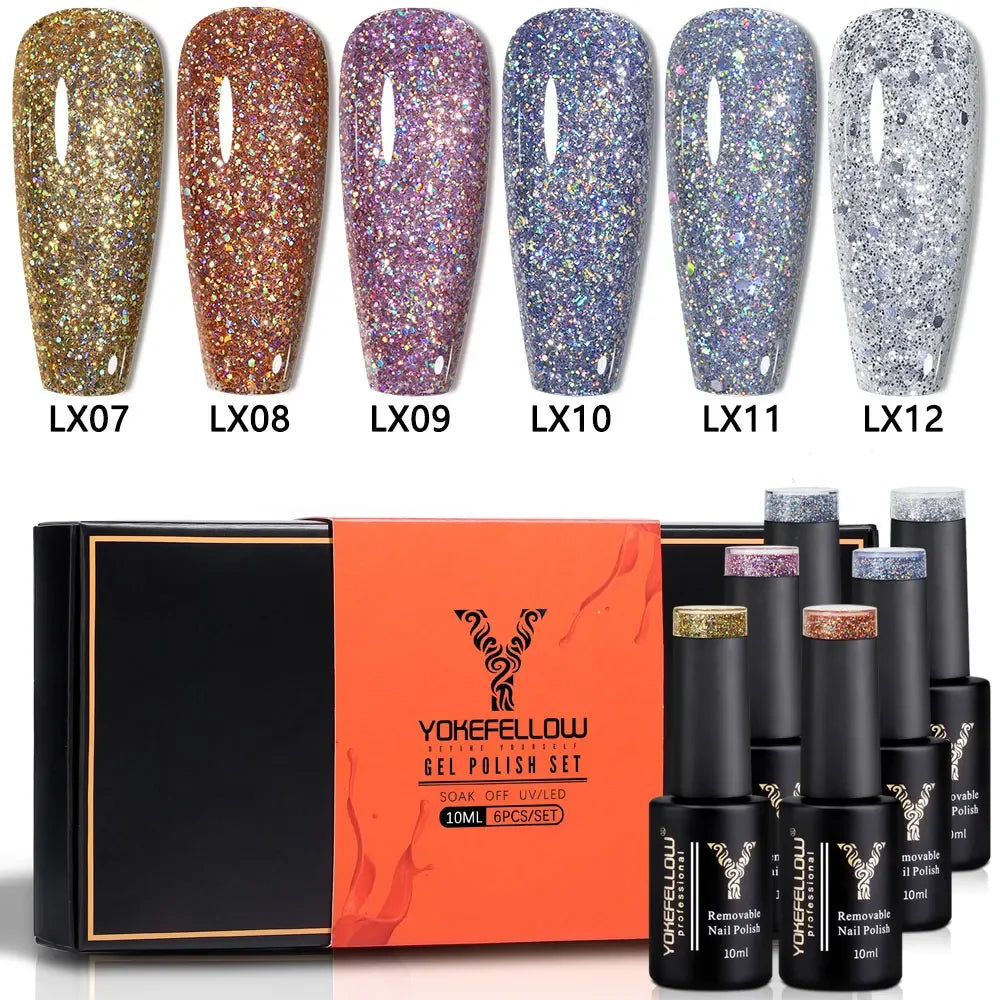 YOKEFELLOW Gel Polish Pastel Pink Glitter 6pcs – Vernis Semi-Permanent Été DIY Salon 10ML